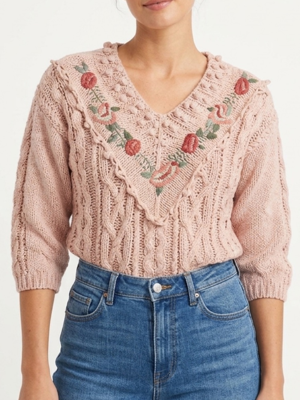 VINTAGE Hand Knit Sweater Floral Embroidered Cottagecore Grannycore Large
